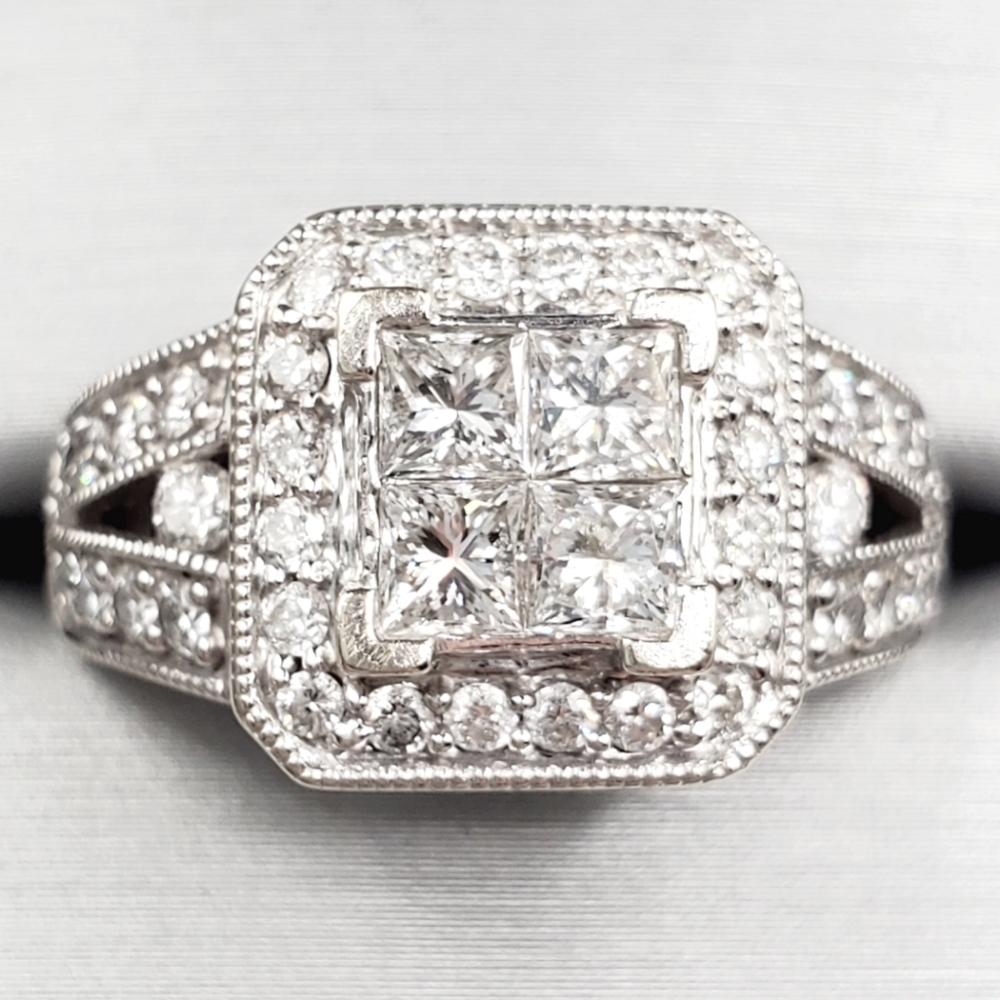 14k Solid White Gold Genuine Princess & Round Diamond Cluster Statement Ring